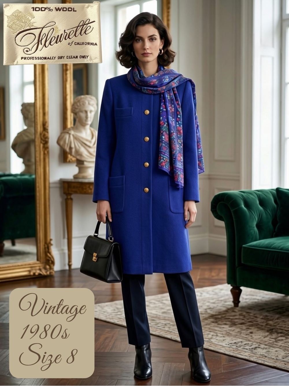 Vintage FLEURETTE Women's Coat Wool Scarf Set Royal Blue Power Shoulder 8